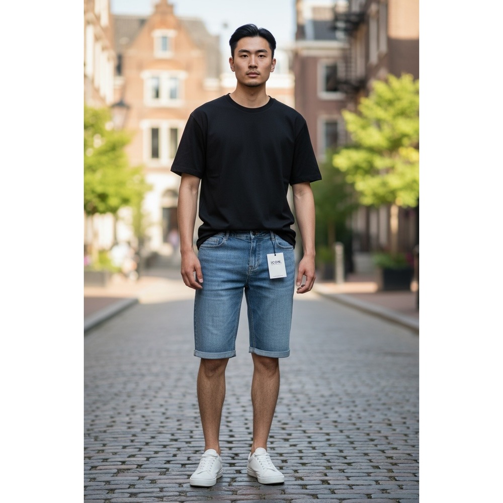 ICON Amsterdam Denim Shorts Men's 34 Blue Cuffed Hem Stretch Casual‎ NWT